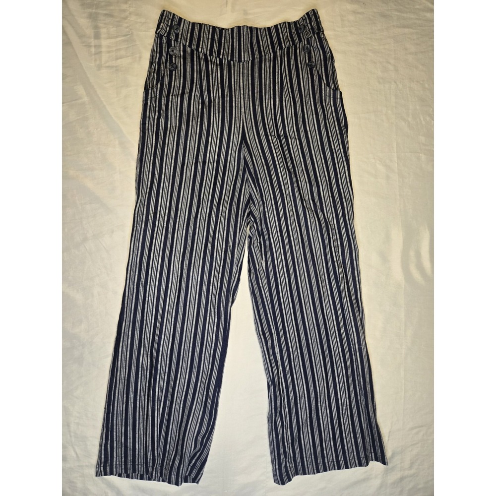 Land N Sea Linen Blend Wide Leg Pants‎ Womens Med Striped Elastic Waist Navy